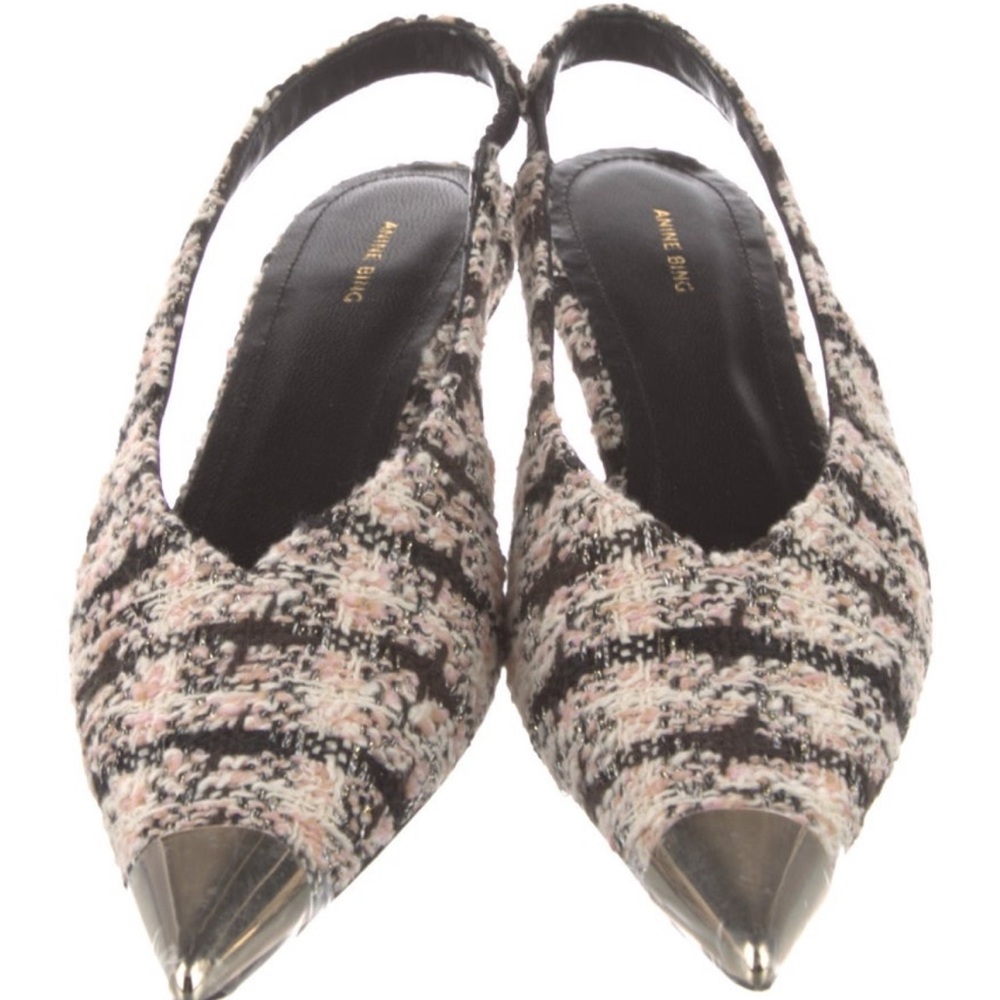 Anine Bing Tweed Slingback Heels with Metallic Accents